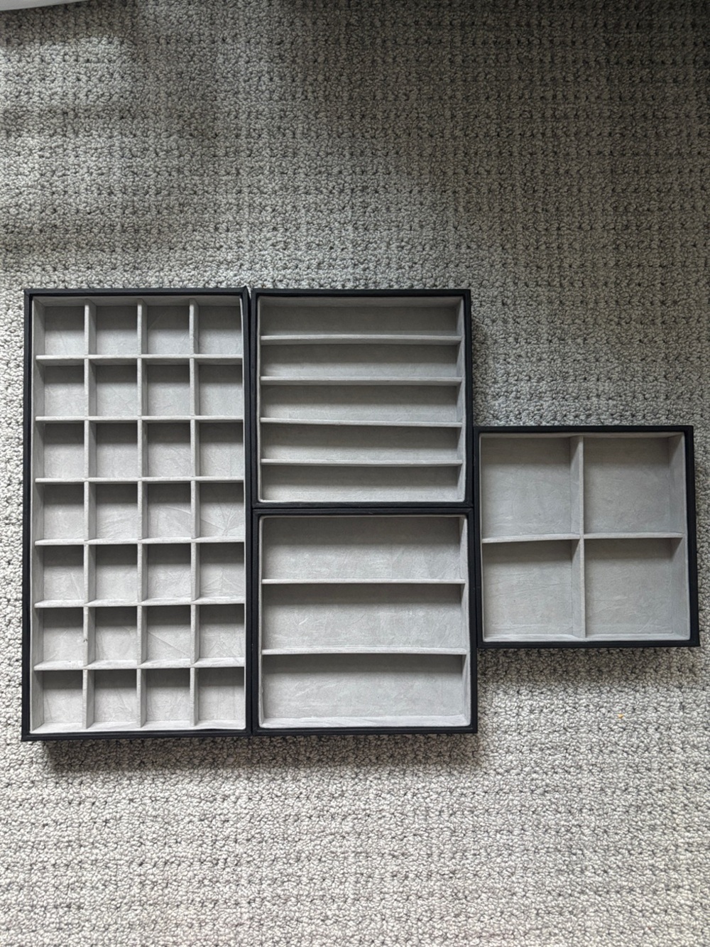 Gray Jewelry Organizer Trays with Multiple Compartment Inserts